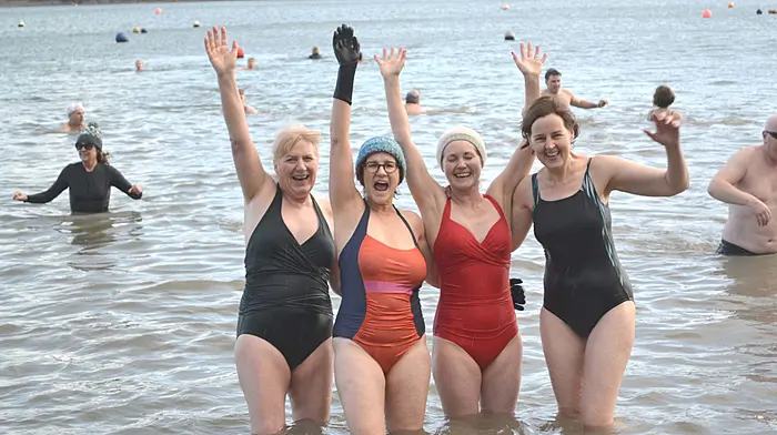 Carolyn McConachie, Anne Clerkin, Lorraine Kelly and Claire Cullinane at the Castletownshend New Year's Day Swim with funds going to St. Barrahanes Church of Ireland restoration fund. (Photo; Anne Minihane)