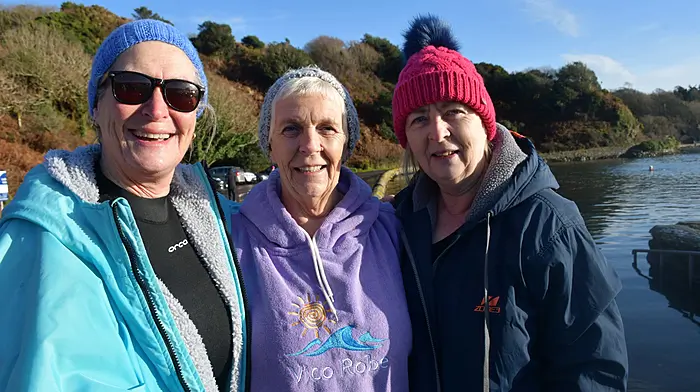 Maria Kennedy, Eileen Ryan and Margaret O'Donovan who swam at Lough Hyne on Women's Little Christmas to raise money for West Cork Women Against Violence and the Wild Atlantic Pool in Baltimore. (Photo: Anne Minihane)