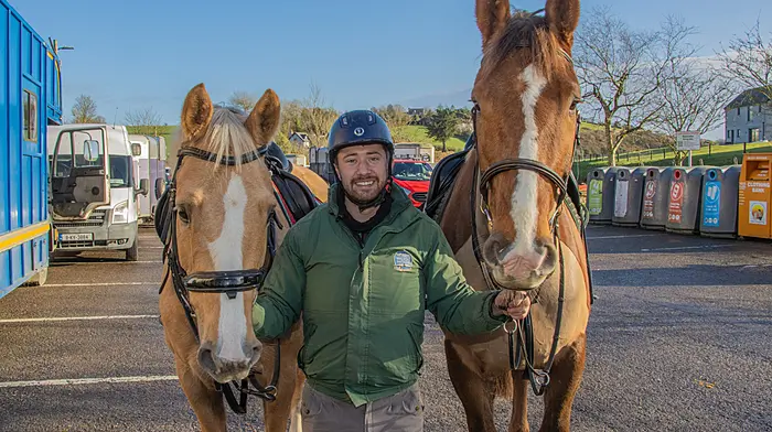 Toby Slocum, Kinsale, with his horses “Harry,” and “Echo,” at the Ballinadee New Year’s Day fun ride in aid of the Surgeon Noonan Society. (Photo: Gearoid Holland)
