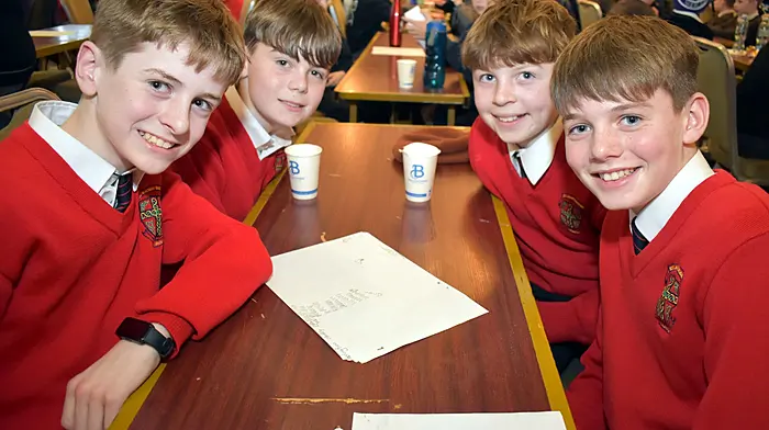 Liam O'Keeffe, Daniel O'Connell, Ben Hegarty and Callum Crean, represented Scoil Seosamh, Bandon, at the Allianz Sciath na Scol sports quiz. Left:  (Photo: Mike English)