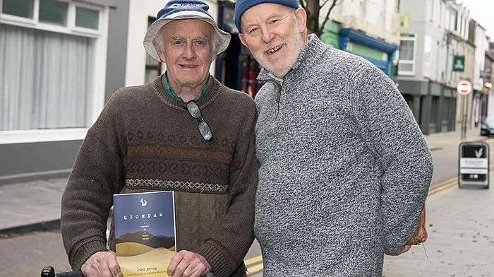 The legendary 'Murph'  Michael Murphy of MTM Cycles (left)  with Rosscarbery's Jon Devoy  (Rosscarbery) author of a number of books including Quondam, having a chat on Ashe Street.  (Photo: Martin Walsh)