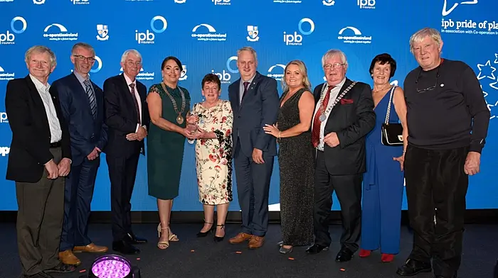 Members of the Durrus delegation at the Pride of Place awards ceremony in Monaghan were (from left): Gerard Burke, Niall Healy (Cork County Council), Tom Dowling (judge), Cathy Bennett (mayor of Monaghan), Helen Burke, Robert Shannon, Nicola Radley (Cork County Council), county mayor Cllr Joe Carroll, Carmel Cronin, and Cathal Daly.   (Photo: Rory Geary)