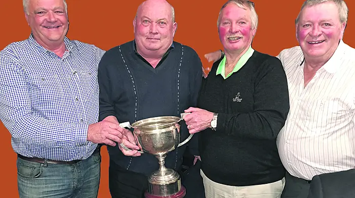 Pat Sweetnam, John O’Brien, John Nyhan and Teddy Nyhan enjoying time together at the reunion of the Courcey Rovers 1974 Carbery junior A hurling champions night which was held recently at the Speckled Door.