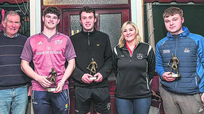 Lee Kelly, Fintan Fenner and Daniel Hanley got second place in the Castletownbere GAA Poc Fada which was held in December. From left: Jimmy Murphy (club chairman), Lee Kelly, Fintan Fenner, Amanda Cronin (club secretary) and  Daniel Hanley.  (Photo: Anne Marie Cronin)