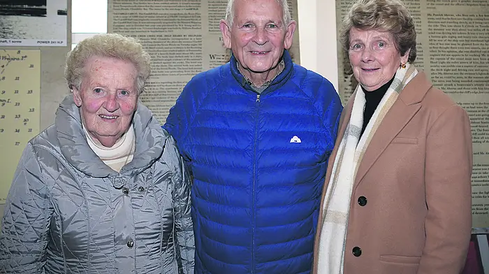 At the SS Cardiff Hall commemoration event in Butlerstown Hall last Sunday were (from left): Noelle Harrington (Timoleague),  John T Motherway (Aghada and a native of Barryroe) with his sister Liz Harrington (Butlerstown).   (Photo: Martin Walsh)