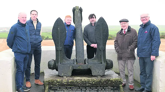 At the anchor of the SS Cardiff Hall in Butlerstown, prior to the commemoration event in Butlerstown Hall on Sunday last were (from left): Liam Murphy, Ronan Barry, Vincent O'Donovan, Ken Cashman, Michael O'Brien and Brian O'Dwyer.  (Photo: Martin Walsh)