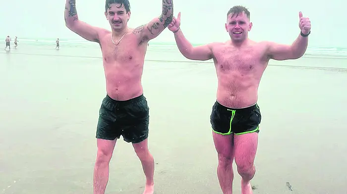Evan Murray and Mark Buckley took part in the Dunmanway Christmas swim at Inchydoney Beach in aid of Dunmanway Day Unit at CUH.