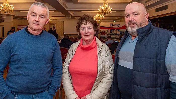 Laurence Hallihan, Castlehaven; Mary Hayes, Durrus and Jerome O'Mahony, Drimoleague at Drinagh's Spring Dairy Seminar at the West Cork Hotel, Skibbereen. (Photo: Andy Gibson)