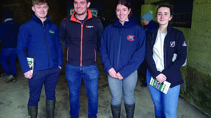 Killian O'Sullivan, Anthony Buckley, Lisa Harrington and Aoife Barrettat a Teagasc Calfcare 2025 on farm event on the farm of Vivian and Evan Buttimer at Ford Farm Ballinascarthy. (Photo: Denis Boyle)