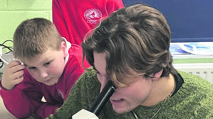 Past pupil Fionn Ferreira with present day St James' pupils James Davies and James O'Neill examining specimens under the microscope.