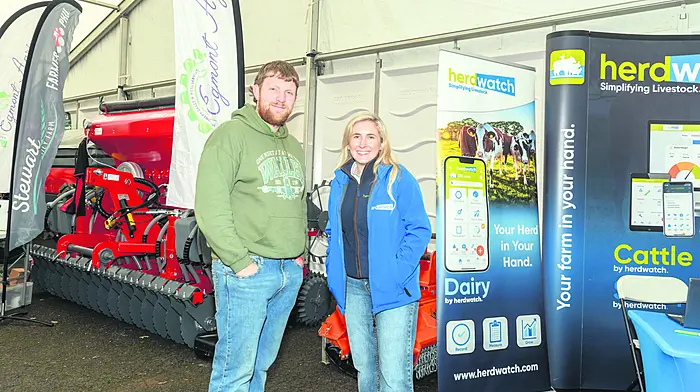 Philip Stewart (Longford) aka Farmer Phil on YouTube and Katie Calnan (Leap) at day one of the first of the Spring Farm Machinery Shows 2025 which took place in the Green Glens Arena, Millstreet.  (Photo: David Patterson)