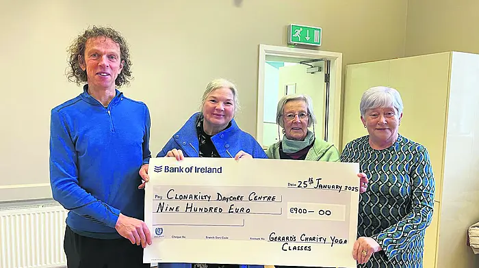Gerard Keohane (left) donating a sum of €900 to the Friends of the Clonakilty Day Care Centre representatives Josie Files and Mary O’Mahony following his two sessions of Christmas yoga held at Darrara Community Centre. On the right is Mary Anglin, representing Darrara Community Centre.