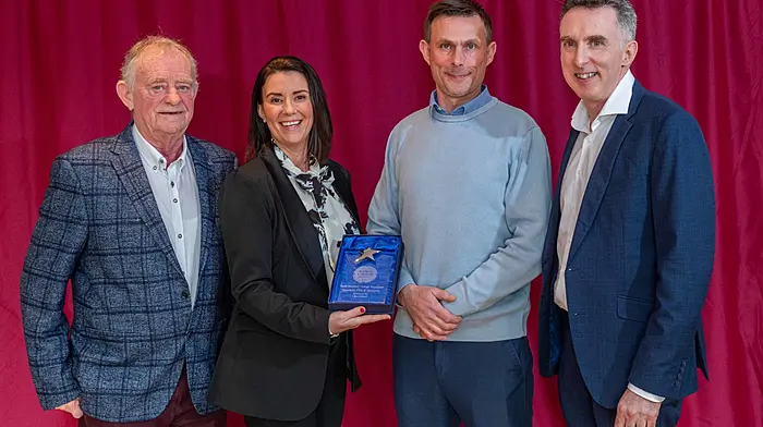Winner of the 'Best Medium/Large Business' award was Sentinel Fire & Security, represented by Liz Bryan and Seán O'Donovan with the award presented by John McCarthy of Category Sponsor Eli Lilly & Company. (Photo: Andy Gibson)