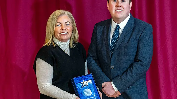 Winner of the 'Best Tourism Experience' award was Wild Atlantic Glamping, represented by Caitriona Hanley with the award presented by category sponsor Barry Holland of Cork Airport. (Photo: Andy Gibson)