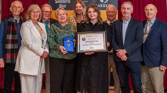 Winner of the 'West Cork Wild Atlantic Way Tourism Business of the Year' award was Lusitania Museum & Old Head Signal Tower. Josephine O'Driscoll of Failte Ireland with museum manager Shannon Forde and the team of volunteers. (Photo: Andy Gibson)