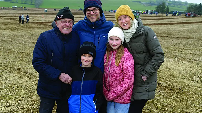 Michael Crowley, left, at the Bandon ploughing with his son Ronan and his wife Ruthanne and grandchildren Liadh and Lochlan. (Photo: Denis Boyle)