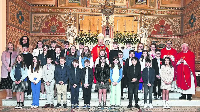 Fifth and sixth class pupils of Barryroe National School received the Sacrament of Confirmation from Bishop Fintan Gavin in the Church of Our Lady, Star of the Sea Church,  Barryroe on Wednesday. Also present were Fr Tom Hayes and Fr Fergus Ryan, Orla Whelton (school principal) and Sinéad Walsh (class teacher).   (Photo: Martin Walsh)