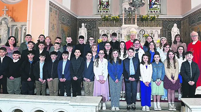 Bishop of Cork and Ross Fintan Gavin in the Church of the Nativity of the Blessed Virgin Mary, Timoleague with Confirmation candidates from Timoleague National School.  Also included are Canon John Kingston, Co-PP, and teachers Mairead Crowley and Anne McCarthy.  (Photo: Martin Walsh)