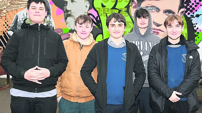 Students from Clonakilty Community College on their lunch break at the parklet in Kent Street (from left): Scott Liu (Clonakilty),  Conor Hartnett (Clonakilty), Alexander Vajgel (Castlefreke), Philip Perrichon (Clonakilty)  and Alex Gawel (Clonakilty).   (Photo: Martin Walsh)