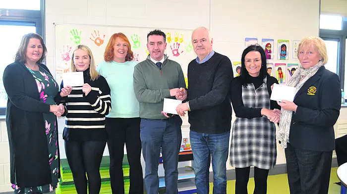 Skibbereen Rowing Club committee members presented the proceeds of their annual Christmas Day swim to the local national schools’ special classes. From left: Audrey Collins (principal, St Joseph’s NS), Niamh Casey (club PRO), Emily Dulohery (club coach), Alan Foley (principal, St Patrick’s NS), Séan O'Brien (club captain), Aisling Ni Neill (príomhoide, Gaelscoil Dr Uí Shuilleabháin) and Nuala Lupton (club president).