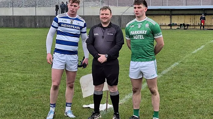 Castlehaven captain Jack O’Neill, referee Ian McCarthy and Doheny captain Aaron Mannix at the quarter-final of the Carbery U21A football championships last weekend where Dohenys lost to Castlehaven on a scoreline of 1-13 to 3-09.