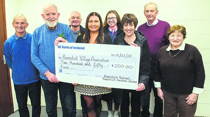 The Riverstick Festival recently made two generous donations to Epilepsy Ireland and to the Riverstick Village Association.  At the presenation was Jerry O’Neill (chairperson, RIverstick Village Assocation) with Eileen O’Neill, Denis Bouse, Teddy Dywer,  Lia Harrington, Aoife Lordan, Donal Dwyer, and Mags Cummins. (Photo: John Allen)