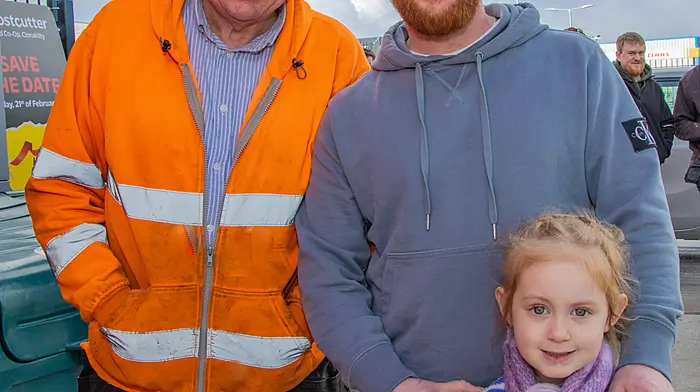 “Visit your local Co-op,” Tim McCarthy, Creaghbeg, with his son Jack and granddaughter Hailey, at the opening of the new store at Lisavaird Co-op.