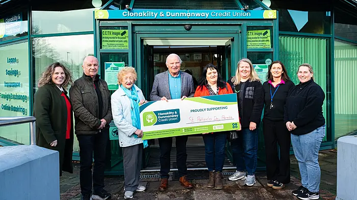 Clonakilty & Dunmanway Credit Union are the main sponsors of the Clonakilty St Patrick’s Day parade. This year’s parade will take place on Monday March 17th at 2.30pm. From left: Arran O’Driscoll, Noel Lynch, Noreen Moynihan, JJ Walsh, Noreen Burke, Aileen Harte, Sinead McCarthy, and Kate O’Sullivan.
