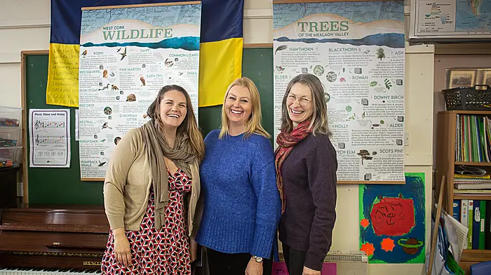 The Mealagh Valley Heritage Keepers recently donated two stunning nature posters to Dromclough National School. From left: Kait Husmann (graphics creator and Heritage Keeper), Melanie O'Sullivan (school principal) and Eleanor Fitzgerald (Mealagh Valley Heritage Keepers). The project was supported by the Burrenbeo Trust and Heritage Council.