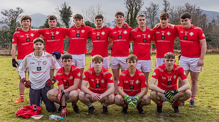 The Urhan U21 team who played in the Beara semi-final are (back row, from left): Ciaran Duggan, Niall Shea, Frank Sullivan, Sean Sullivan, Ronan MacCarthy, Adam Shea, Ronan Elphick, and Darragh Sullivan.  Front (from left): Joseph Donovan,Oisin lynch, Jacob Hesse, and Ciaran Leary. (Photo: Anne Marie Cronin)