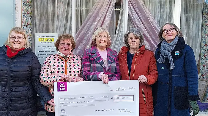 The Joseph’s Workshop Charity Shop on Rossa Street made a generous donation again this year to the Clonakilty Women’s Shed. At the presentation of the cheque for €500 were (from left): Shelia Jennings and Nora McCarthy, (both Joseph's Workshop) with Clonakilty Women’s Shed committee representatives  RoseMarie Dempsey, Maureen Griffin, and Marian Cadogan.