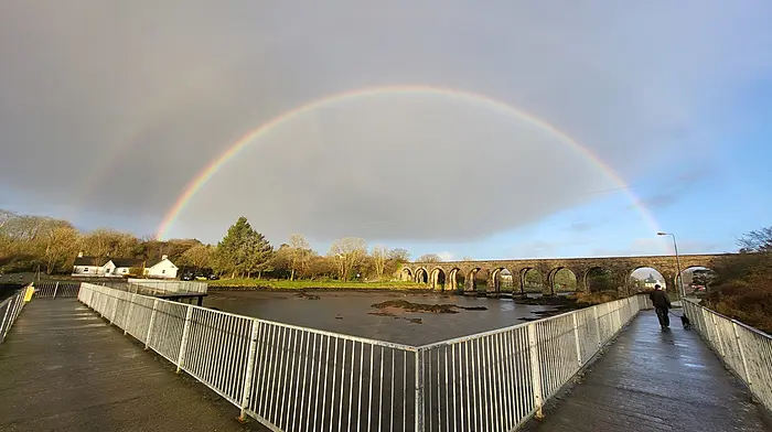 A full and vibrant double rainbow appeared over the twelve arch bridge in Ballydehob on Tuesday morning.