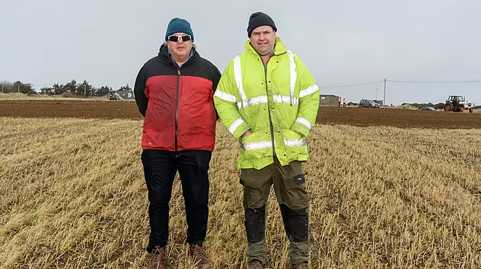 Leslie Northridge (Midleton) and Paul O'Donoghue (Ballinadee) enjoying their day at the De Courcey Classic and Vintage Club members’ tillage day in Garrettstown with views of the Atlantic ocean, the Old Head of Kinsale, the Old Head Signal Tower, Garrettstown beach and Garrylucas beach on a very windy but dry spring afternoon.Picture: David Patterson, Tractor Run – Cork