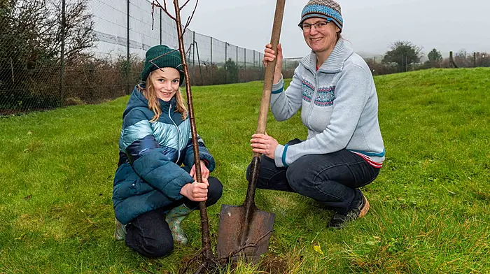 Castledonovan National School pupil Gwendoline D'hondt and her mum Julia Cooper planting one of the trees at the school’s tree planting day last Saturday. Pupils and parents planted a variety of native trees as part of the school’s sustainability ethos. 

(Photo: Andy Gibson)