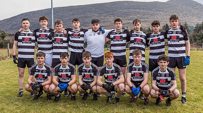 The Castletownbere U21 who played Urhan in the U21 Beara semi-final are (back) from left: Mikey Orpen, Jack Murphy, Sean Óg Donegan, Danny Walsh, Jack O’Connor, Sean Sullivan, Darragh Murphy, Luke Sidley, and Fionn Murphy. Front (from left): Marty Orpen, Olan Murphy, Jack Hanley, James Spencer, Ultan Murphy, and Colm Murphy. (Photo: Anne Marie Cronin)