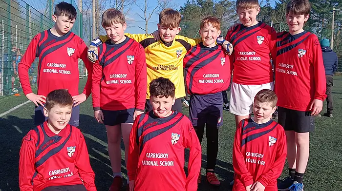 Pupils of Carrigboy National School who put in a great performance in the five-a-side FAI soccer tournament which was held in Bantry recently are (front, from left): Zach McCarthy, Mathew O'Mahony and Charlie McCarthy. Back (from left): Kevin Hickey, Tadhg O'Connor, Jack Levis, Quintin Horstmanshoff, Owen Coughlan and Jamie Ward.