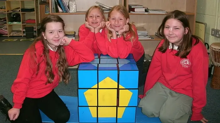 St James' National School pupils Millie Woodward, Grace Solomon, Sarah Dukelow, and Pippa Woodward enjoying problem solving with the Izak 9 cubes borrowed from the West Cork Education Centre.