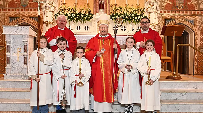 Bishop of Cork and Ross Fintan Gavin (centre) in the Church of Our Lady, Star of the Sea, Barryroe along with Fr Tom Hayes (left) and Fr Fergus Ryan and altar servers (from left): Maia O'Criscoll, Cian Coleman, Aoibhinn O'Sullivan, Grace Harrington and Emilia Fitzgerald at the recent Confirmation ceremony.  (Photo: Martin Walsh)