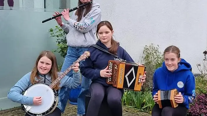 Ballinspittle Comhaltas musicians in Cashel at the weekend were (from left):   Liabhan Hickey (banjo), Lily Mae Jones (accordion), Abigail Coughlan (flute), and Ellie Angland (concertina).