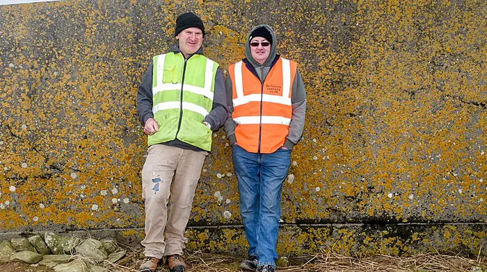 Diarmuid Coughlan (Garrettstown) and Simon Draper (Ballinspittle) enjoying their day at the De Courcey Classic and Vintage Club members tillage day which was held in Garrettstown with views of the Atlantic ocean, the Old Head of Kinsale, the Old Head Signal Tower, Garrettstown beach and Garrylucas beach on a very windy but dry spring afternoon.  (Photo: David Patterson)