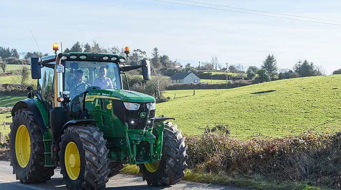Daniel King (Dunmanway) driving a John Deere 6R 145 at the St Enda’s National School Kilnadur tractor and car run which took place recently. Proceeds of the run will go to St Enda’s National School and to CoAction.  (Photo: David Patterson)