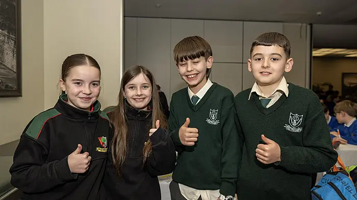 Millie Olden, Ella Calnan, Nicholas McLoughlin and Nathan Blyth from Ballygarvan National School at the annual First South Credit Union School Quiz which was held at the Cork International Hotel. The event brought together 35 teams from over 20 schools for an exciting day of competition. Dunderrow National School emerged as champions in the U11 category, while Summercove National School claimed victory in the U13 category. (Photo: Brian Lougheed)