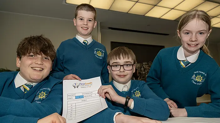 Eugene O'Shea, Charlie O'Keeffe, David Boyce and Ruby Hayes from Scoil Naomh Eltin, Kinsale at the annual First South Credit Union School Quiz which was held at the Cork International recently.  (Photo: Brian Lougheed)