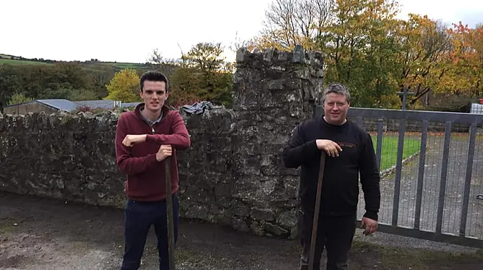Cllr Ben Dalton O'Sullivan and Donie O’Callaghan taking a break from their recent exertions cleaning the car park at Killingley Cemetery.