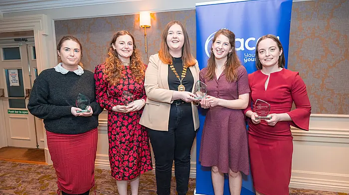 Clonakilty Macra’s national debating team members Natasha Sutton, Lucy Edmunds, Elaine Houlihan (president, Macra), Áine Tobin and Anne Barrett, who lost out in the national final.