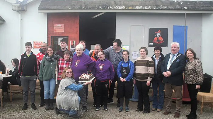 The West Cork Jesters, and their supporters, celebrating the Jesters winning the County Mayor's Community Award.  From left: Cillian Cronin, Geraldine Middea, Luigi Middea, Niall Collins, Fiona Riney, Claire Downey, Sean Downey, Joy Robinson, Sean Healy, Emily Cotter, Stiofan Cronin, Yvonne Lynch, Ellen O’Donoghue, Carmel Cronin, Mayor Joe Carroll and Cllr Caroline Cronin.