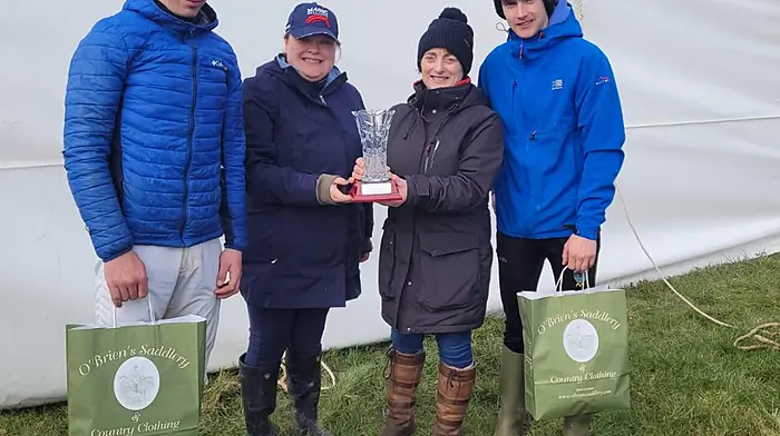 Leading jockeys at the point-to-point were Cal Shine (left) and Alan O’Sullivan (right) receiving presentations from Jayne McCarthy (PRO) and Catherine O’Driscoll (secretary) of Carbery Hunt point-to-point.