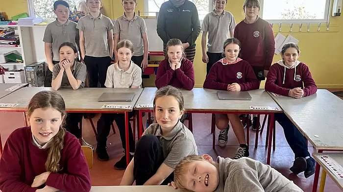 The Rath National School’s Green Schools Committee who recently worked with Jessica Mason from the Heritage in Schools scheme. Back (from left): Liam O’Neill, Cathal Ronan, Paddy Sheehy, Jessica Mason, William O’Neill, and Emma Cottrell. Middle (from left): Éirinn O’Driscoll, Rathnaid Whooley, Róisín McDermott, Alexis O’Regan, and Rebecca McSweeney. Front (from left): Myah Musgrave, Méabh Collins, and Darragh Fitzgerald.