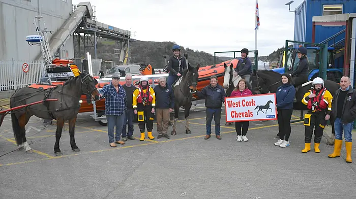 West Cork Chevals is organising a cheval ride which will take place on Sunday March 9th, leaving the Union Hall GAA grounds at 12.30pm. The funds raised will be in aid of the Union Hall RNLI. Included in the photo are members of the West Cork Chevals, John O'Regan, Kathleen, Tony and Marie O'Mahony, Hannah Willsher and Daniel O'Brien with horses Socks, Jess, Blaze and Jess with members of the Union Hall RNLI, Denis O'Donovan, Billy White, Aodh O'Donnell and crew Ellen O'Regan, Lily Riddle and John Kelleher. (Photo: Anne Minihane)