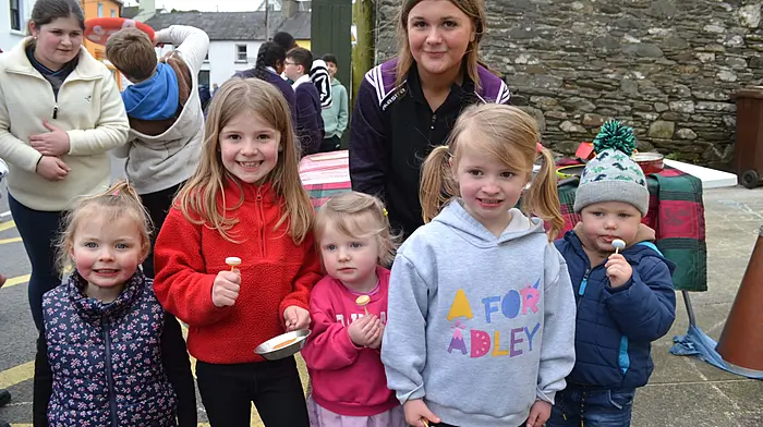Clodagh, Doireann, Sadie and Bláithin White, Dáire Whelton, and Freya Barry all from Union Hall, enjoying the inaugural Union Hall Pancake Races. (Photo: Anne Minihane)